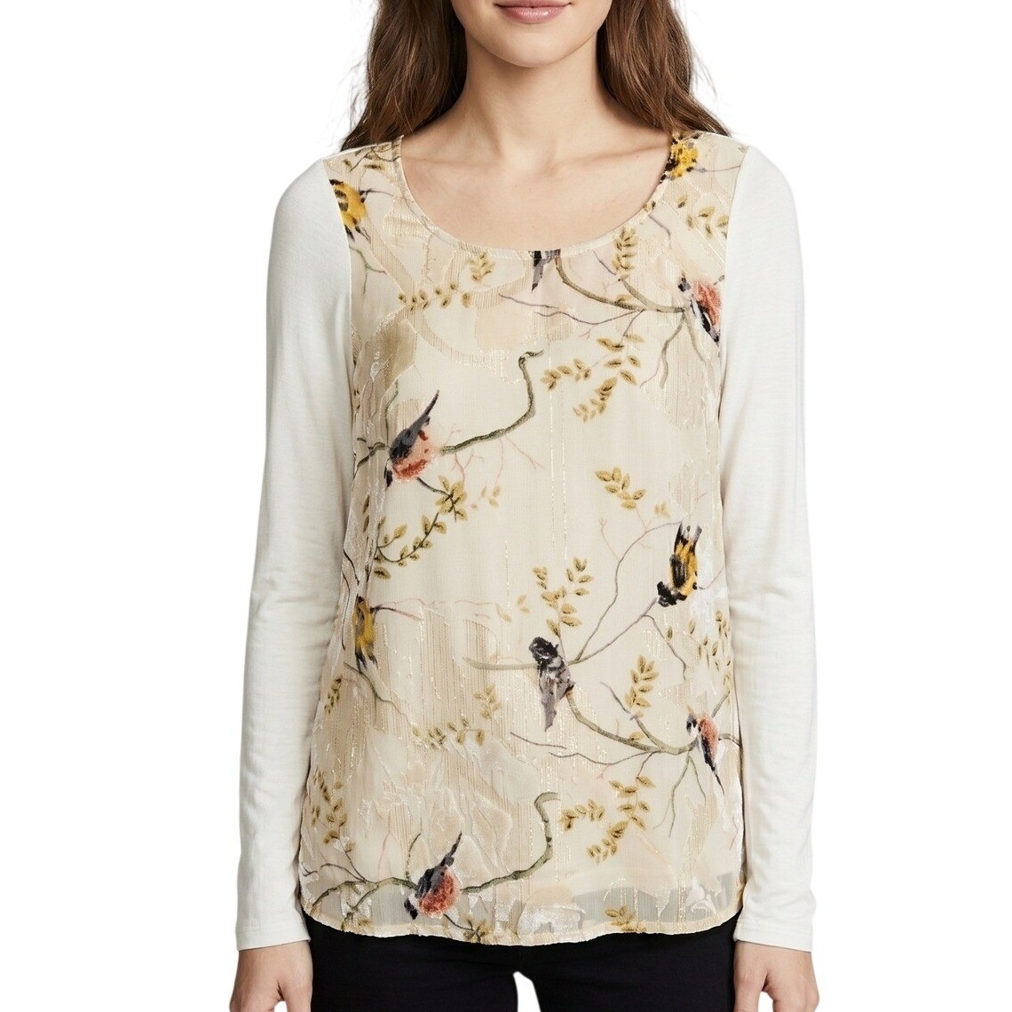 Anthropologie Deletta Velvet Burnout Top Xs Cream Bird Print Boho Long Sleeve